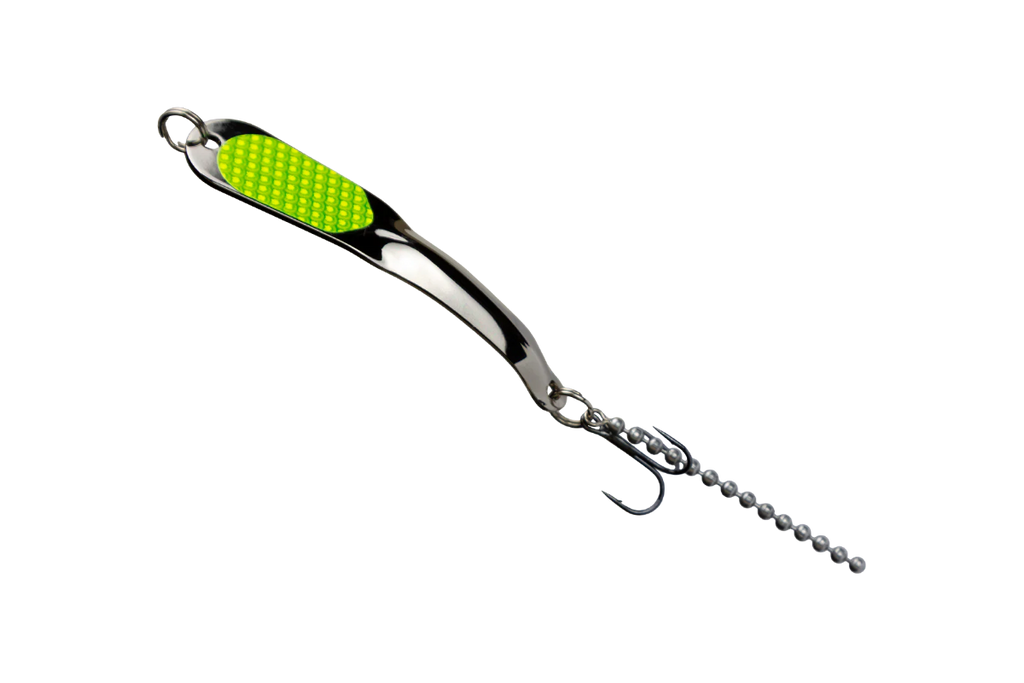 Fishing lure with a green top and metal body on a white background