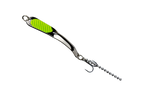 Fishing lure with a green top and metal body on a white background