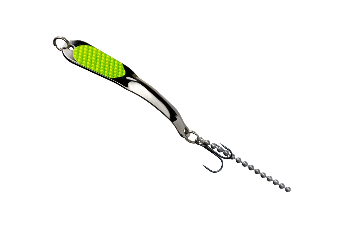 Fishing lure with a green top and metal body on a white background