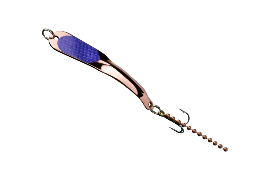 Metallic fishing lure with a purple eye on a white background