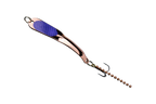 Metallic fishing lure with a purple eye on a white background