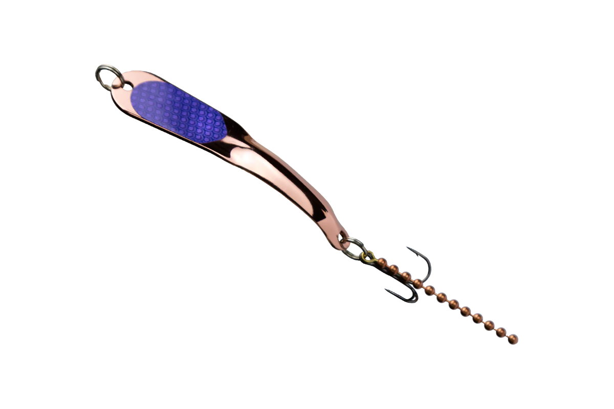 Metallic fishing lure with a purple eye on a white background
