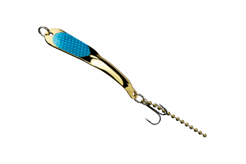 Gold and blue fishing lure on a white background
