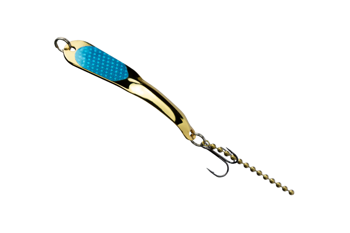 Gold and blue fishing lure on a white background